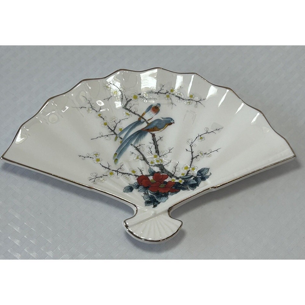 Jay Japan Fine‎ China Fan Shaped Decorative Dish Birds Cherry Blossom Vintage
